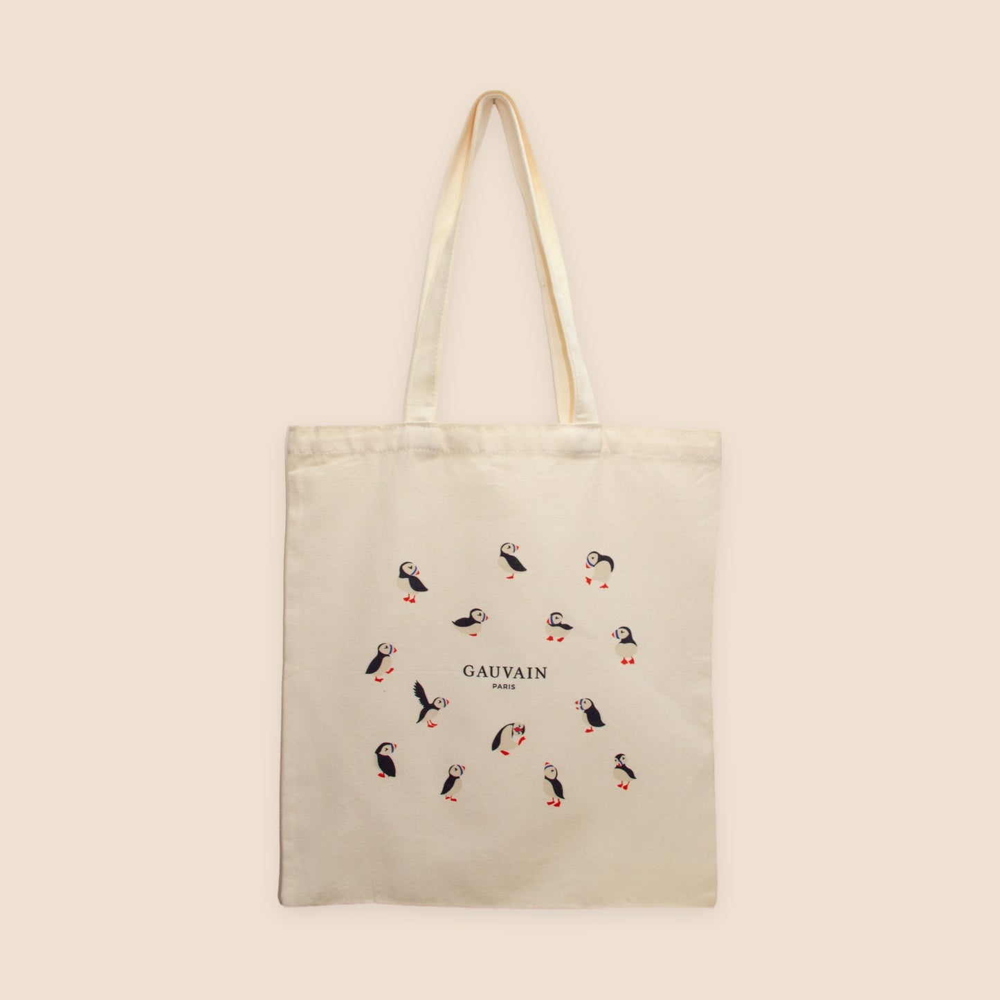 Tote bag Gauvain Paris en toile de coton écru, motif macareux imprimé au recto