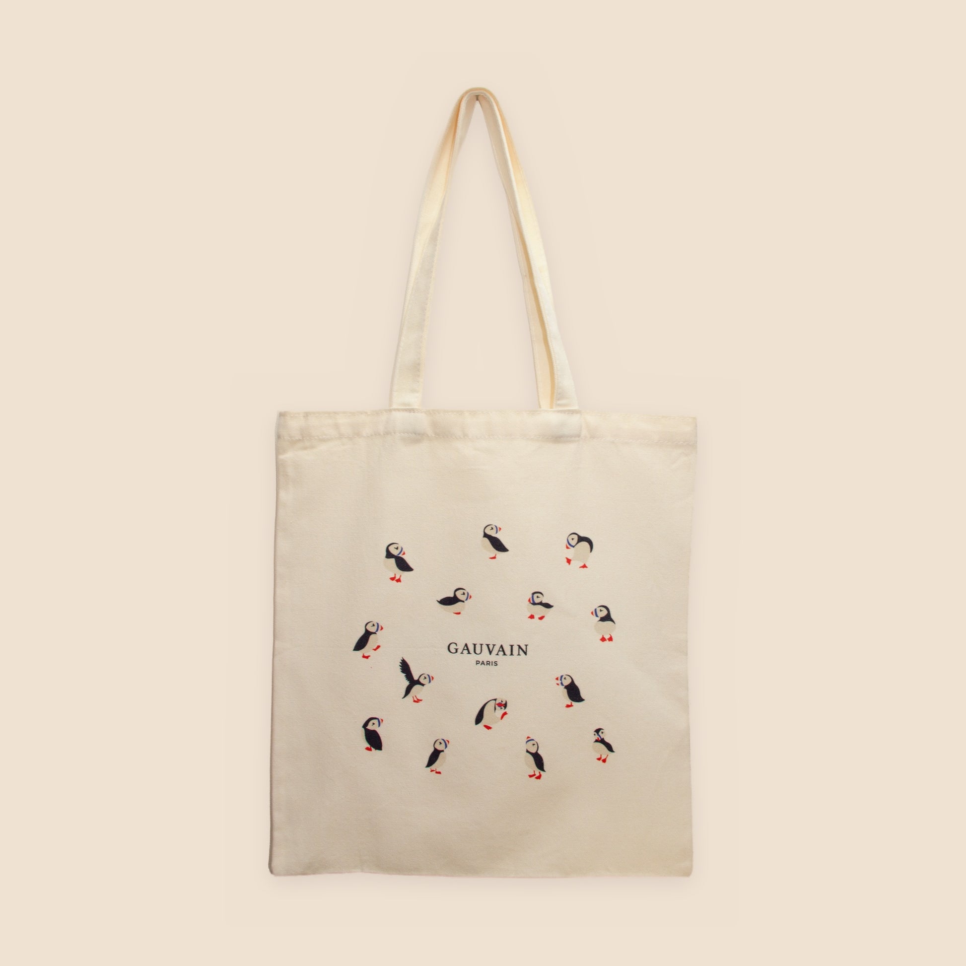 Tote bag Gauvain Paris en toile de coton écru, motif macareux imprimé au recto